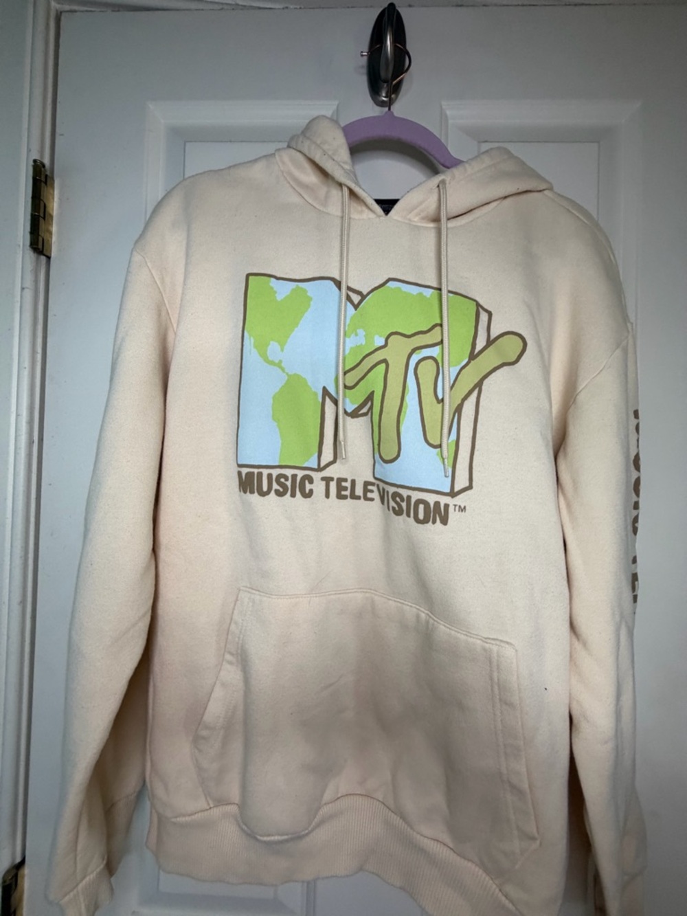 MTV Music Television Hoodie Size Large Cream Beige Graphic Y2K Retro